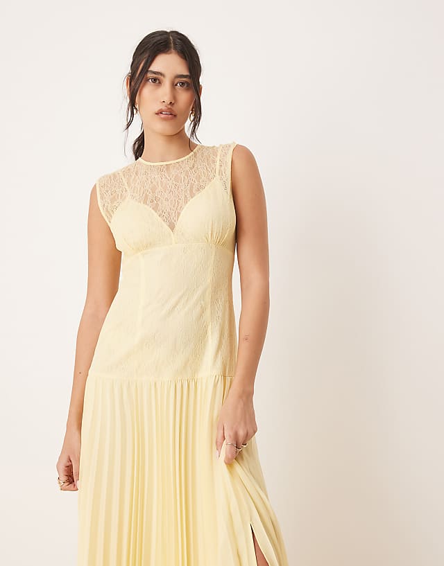 Asos ASOS DESIGN Lace Bodice Pleated Skirt Midaxi Dress In Lemon