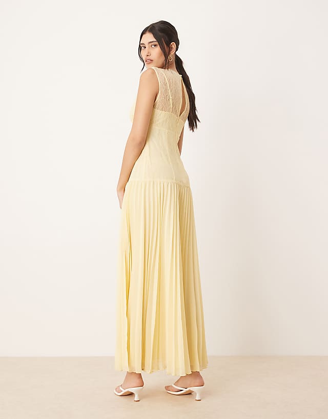 Asos ASOS DESIGN Lace Bodice Pleated Skirt Midaxi Dress In Lemon