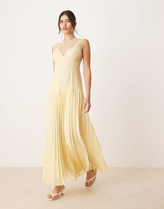 asos ASOS DESIGN lace bodice pleated skirt midaxi dress in lemon