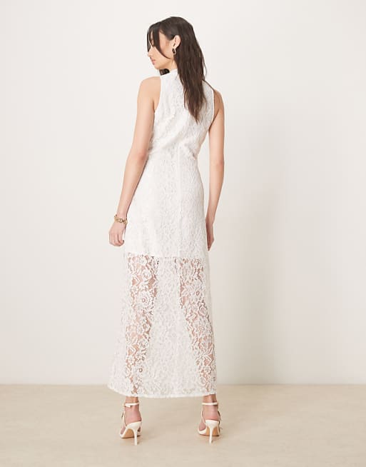 Asos ASOS DESIGN Lace High Neck Sleeveless Maxi Dress In White