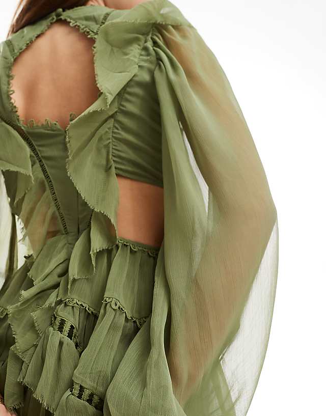 Asos ASOS DESIGN Lace Insert High Neck Mini Dress With Frills In Sage Green