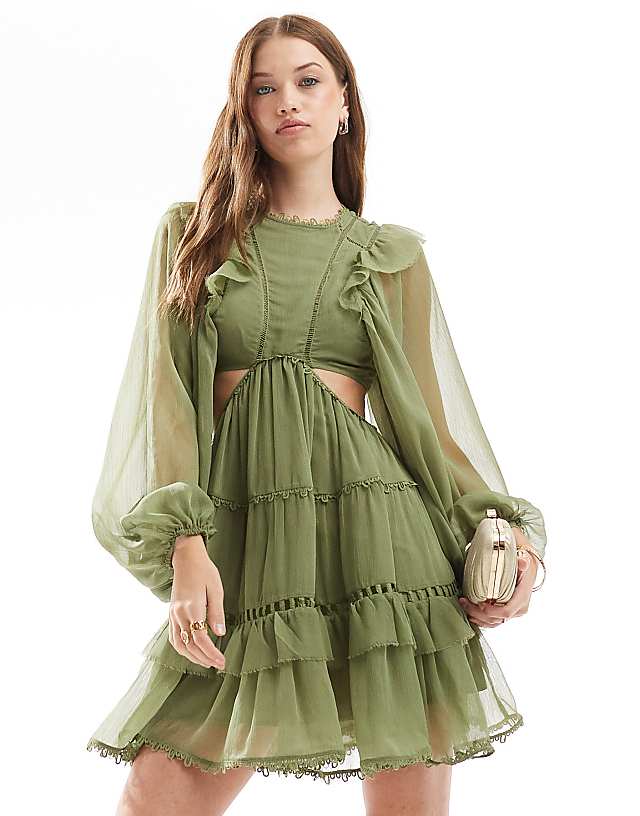 asos ASOS DESIGN lace insert high neck mini dress with frills in sage green