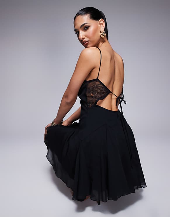 Asos ASOS DESIGN Lace Insert Mini Dress With Godets In Black