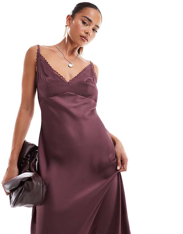 Asos ASOS DESIGN Lace Trim Midi Cami Slip Dress In Burgundy