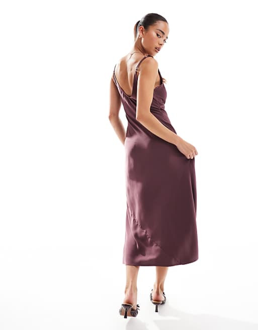 Asos ASOS DESIGN Lace Trim Midi Cami Slip Dress In Burgundy