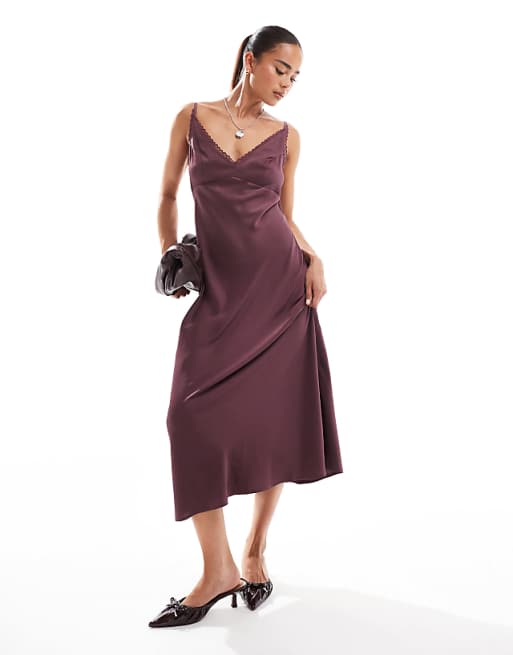 asos ASOS DESIGN lace trim midi cami slip dress in burgundy