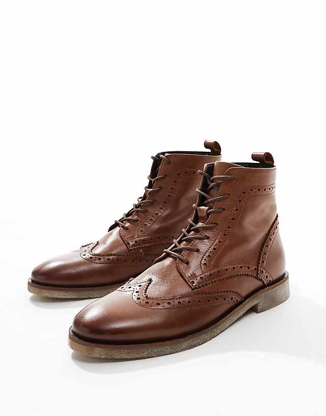 Asos ASOS DESIGN Lace Up Brogue Boots In Tan Leather With Natural Sole