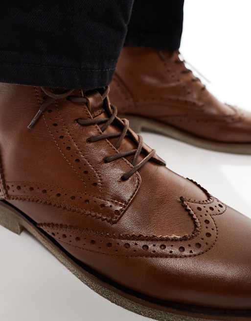 Asos ASOS DESIGN Lace Up Brogue Boots In Tan Leather With Natural Sole