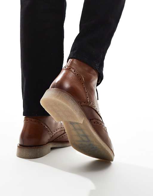 Asos ASOS DESIGN Lace Up Brogue Boots In Tan Leather With Natural Sole