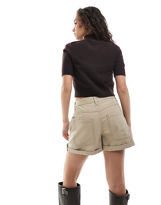 Asos ASOS DESIGN Laundered Tab Detail Shorts In Mocha