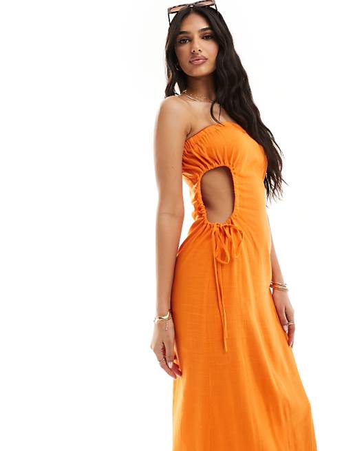 Asos ASOS DESIGN Linen Bandeau Midi Sundress With Ruched Cut Out Detail In Orange