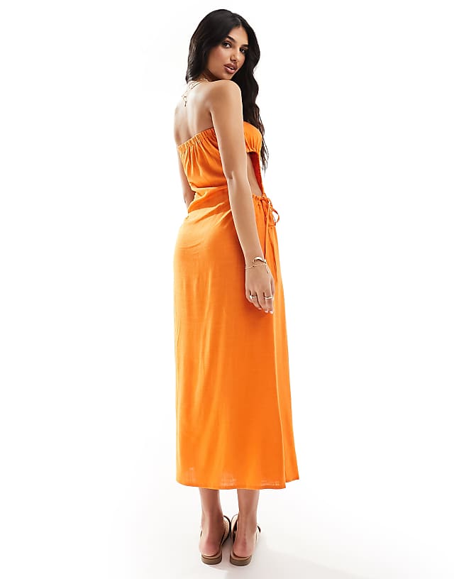 Asos ASOS DESIGN Linen Bandeau Midi Sundress With Ruched Cut Out Detail In Orange