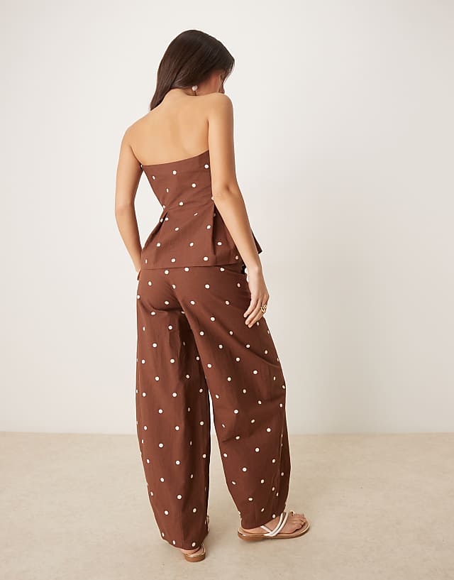 Asos ASOS DESIGN Linen Blend Barrel Leg Trouser In Chocolate Polka Dot Co Ord