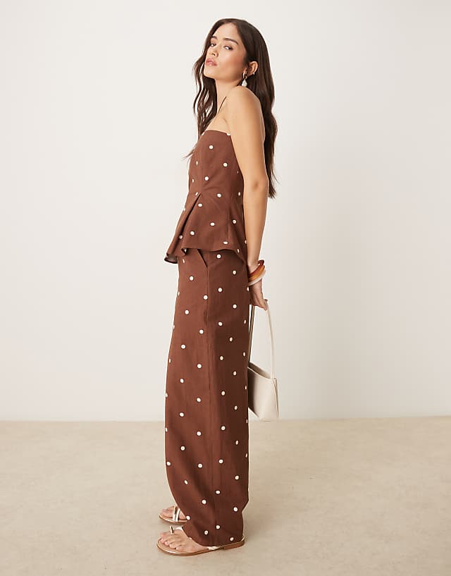 Asos ASOS DESIGN Linen Blend Barrel Leg Trouser In Chocolate Polka Dot Co Ord