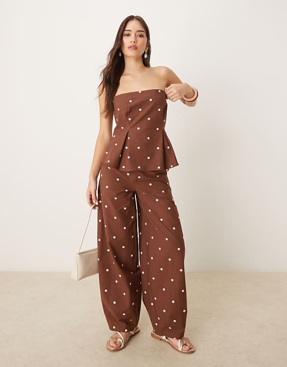 asos ASOS DESIGN linen blend barrel leg trouser in chocolate polka dot co ord
