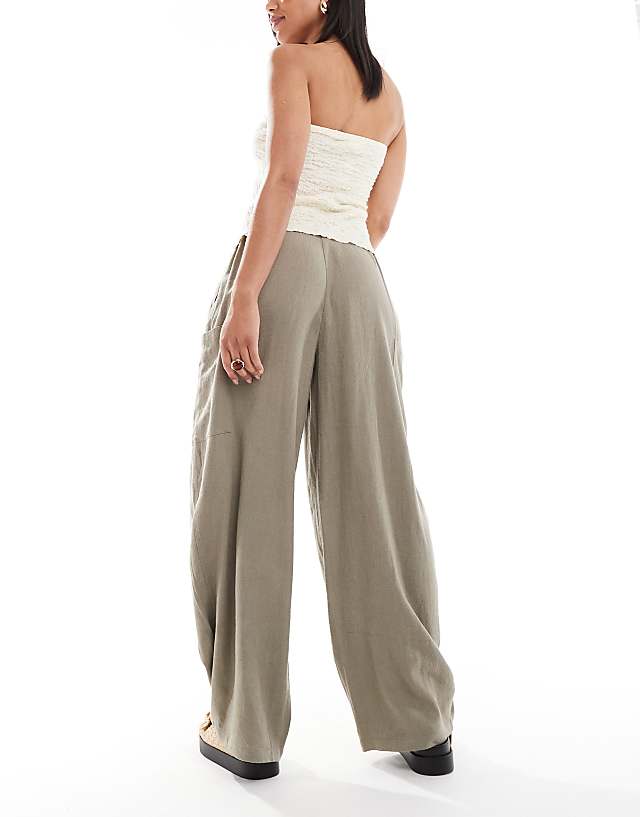 Asos ASOS DESIGN Linen Blend Barrel Leg Utility Trousers In Olive