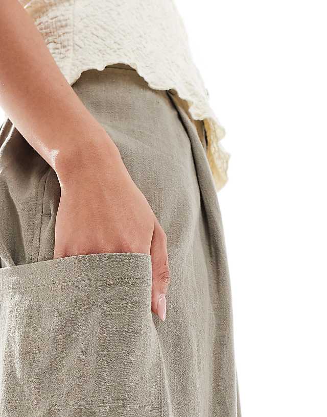 Asos ASOS DESIGN Linen Blend Barrel Leg Utility Trousers In Olive