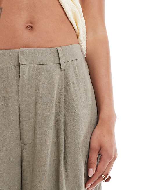 Asos ASOS DESIGN Linen Blend Barrel Leg Utility Trousers In Olive