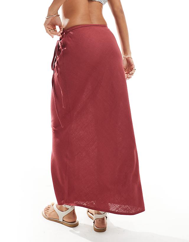 Asos ASOS DESIGN Linen Blend Bias Maxi Skirt In Burgundy