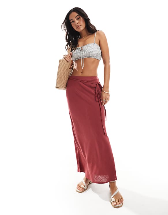 asos ASOS DESIGN linen blend bias maxi skirt in burgundy