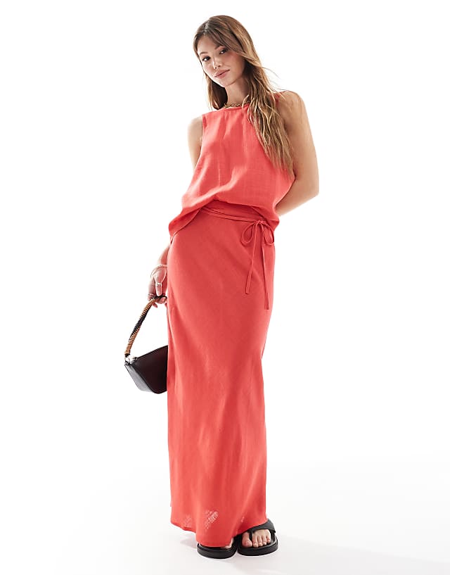 asos ASOS DESIGN linen blend bias midi skirt in red