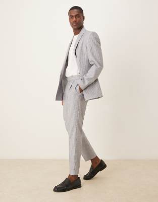 Asos ASOS DESIGN Linen Blend Double Breasted Regular Suit In Blue Stripe