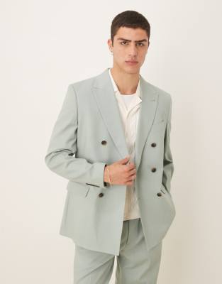Asos ASOS DESIGN Linen Blend Double Breasted Regular Suit In Green