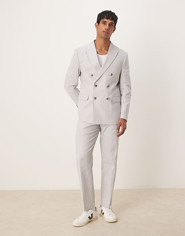 asos ASOS DESIGN linen blend double breasted regular suit in pebble