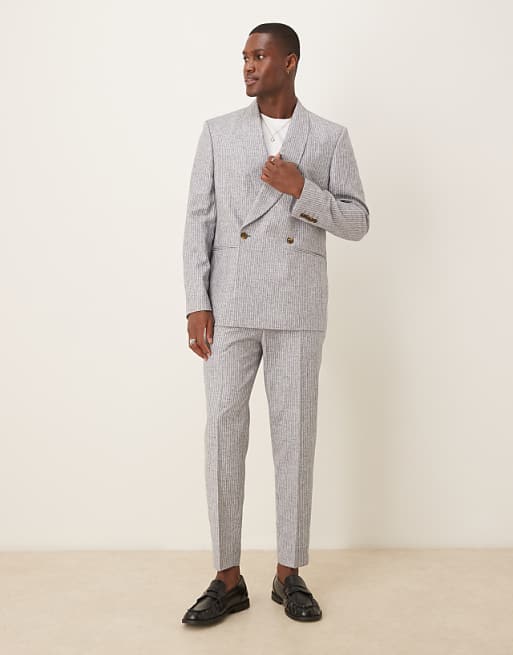 asos ASOS DESIGN linen blend double breasted regular suit in blue stripe