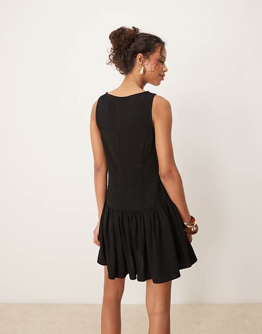 Asos ASOS DESIGN Linen Blend Drop Waist Mini Dress In Black