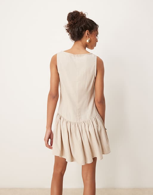 Asos ASOS DESIGN Linen Blend Drop Waist Mini Dress In Mocha