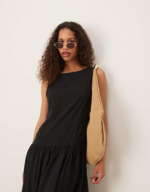Asos ASOS DESIGN Linen Blend Low Back Drop Waist Maxi Dress In Black
