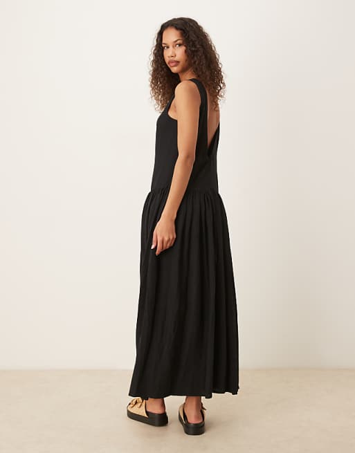 Asos ASOS DESIGN Linen Blend Low Back Drop Waist Maxi Dress In Black