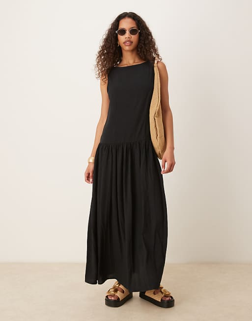 asos ASOS DESIGN linen blend low back drop waist maxi dress in black