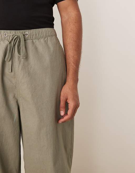 Asos ASOS DESIGN Linen Blend Parachute Trousers In Khaki