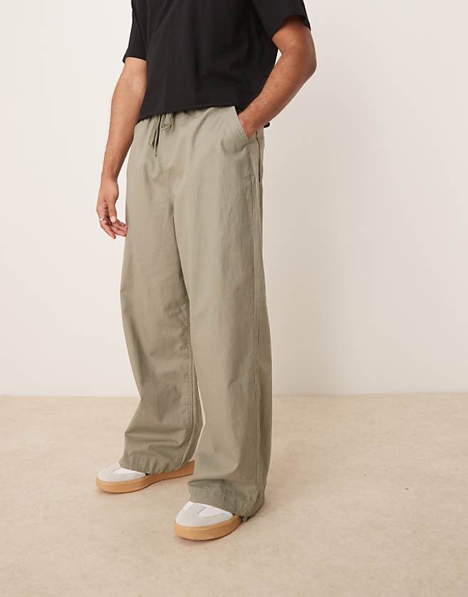 asos ASOS DESIGN linen blend parachute trousers in khaki