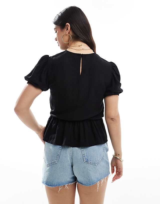 Asos ASOS DESIGN Linen Blend Peplum Top With Puff Sleeve In Black