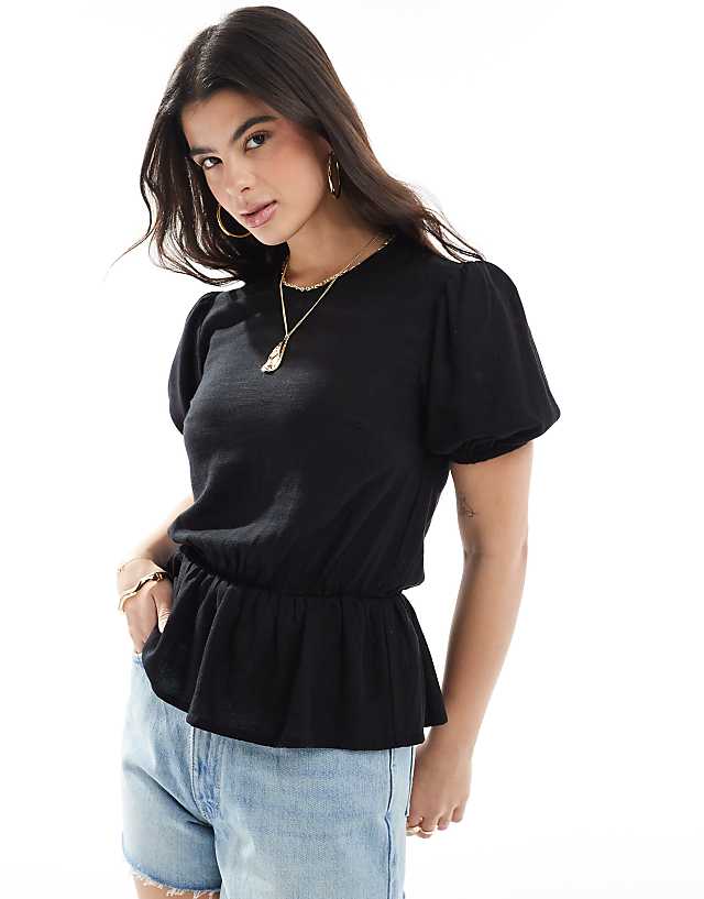 asos ASOS DESIGN linen blend peplum top with puff sleeve in black