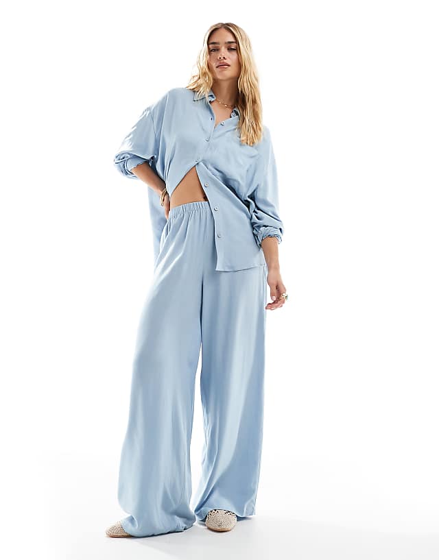 asos ASOS DESIGN linen blend pull on trouser in blue