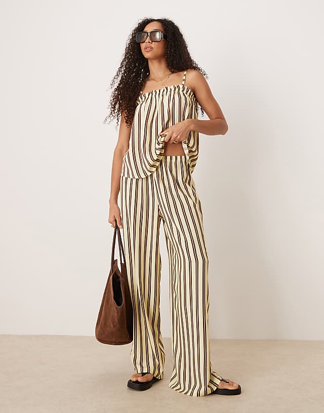 asos ASOS DESIGN linen blend pull on trouser in buttermilk stripe