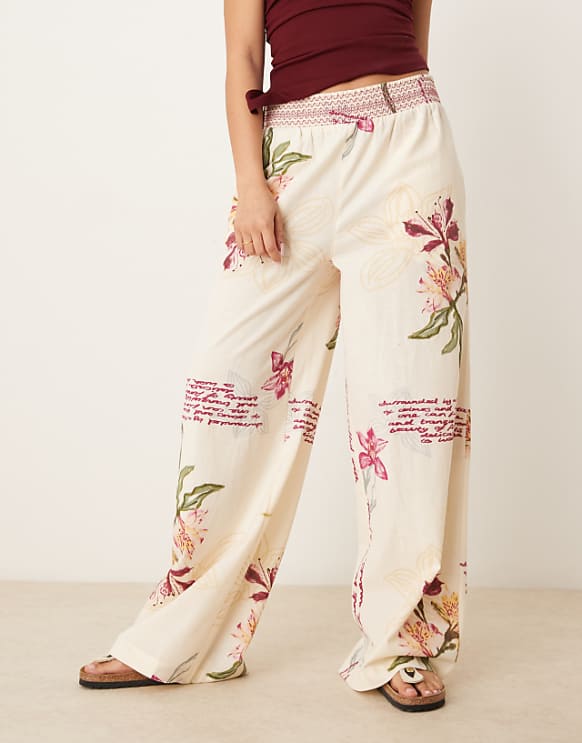 Asos ASOS DESIGN Linen Blend Pull On Wide Leg Trousers With Shirred Waist Detail In Floral Print