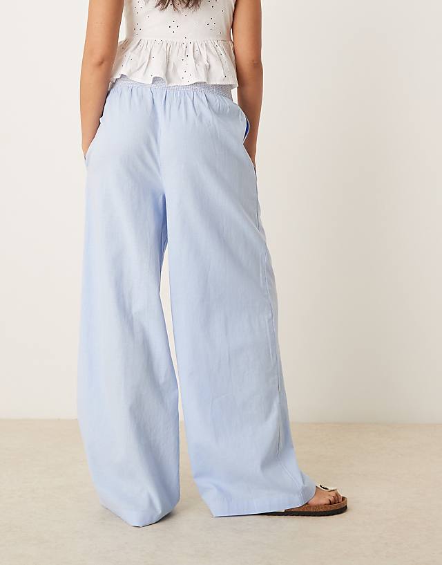 Asos ASOS DESIGN Linen Blend Pull On Wide Leg Trousers With Shirred Contrast Waist Detail In Blue