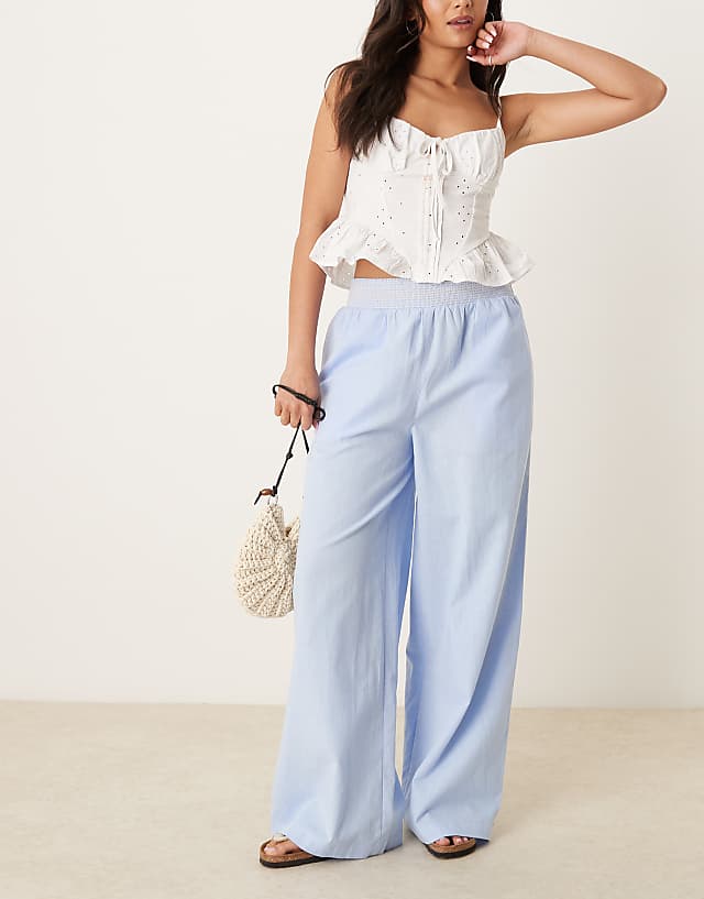 Asos ASOS DESIGN Linen Blend Pull On Wide Leg Trousers With Shirred Contrast Waist Detail In Blue
