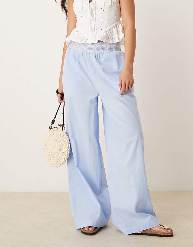 asos ASOS DESIGN linen blend pull on wide leg trousers with shirred contrast waist detail in blue