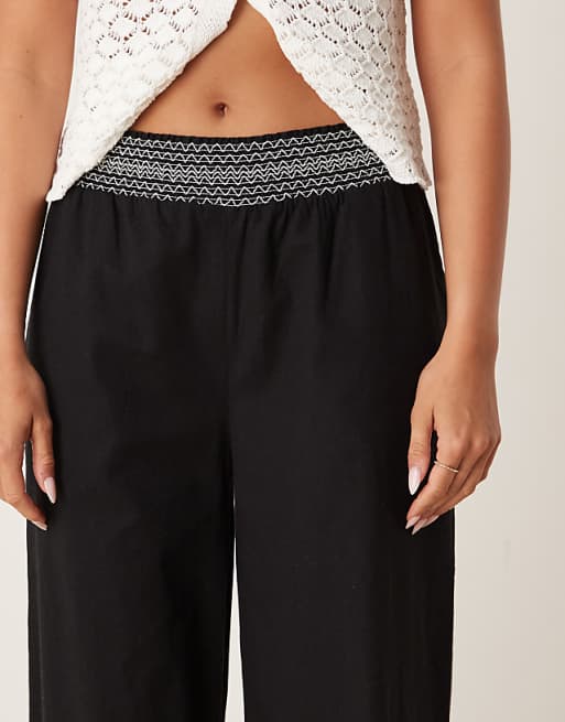 Asos ASOS DESIGN Linen Blend Pull On Wide Leg Trousers With Shirred Waist Detail In Black With Cream