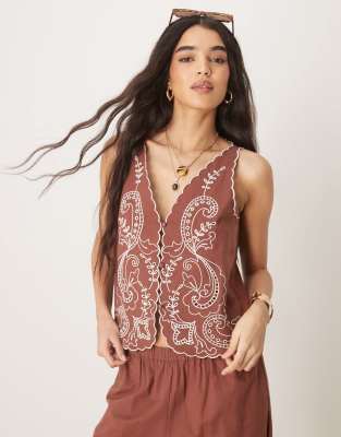 Asos ASOS DESIGN Linen Blend Scallop Edge Embroidered Waistcoat And Trousers Co-ord In Brown