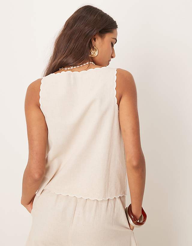 Asos ASOS DESIGN Linen Blend Scallop Edge Embroidered Waistcoat Co-ord In Stone