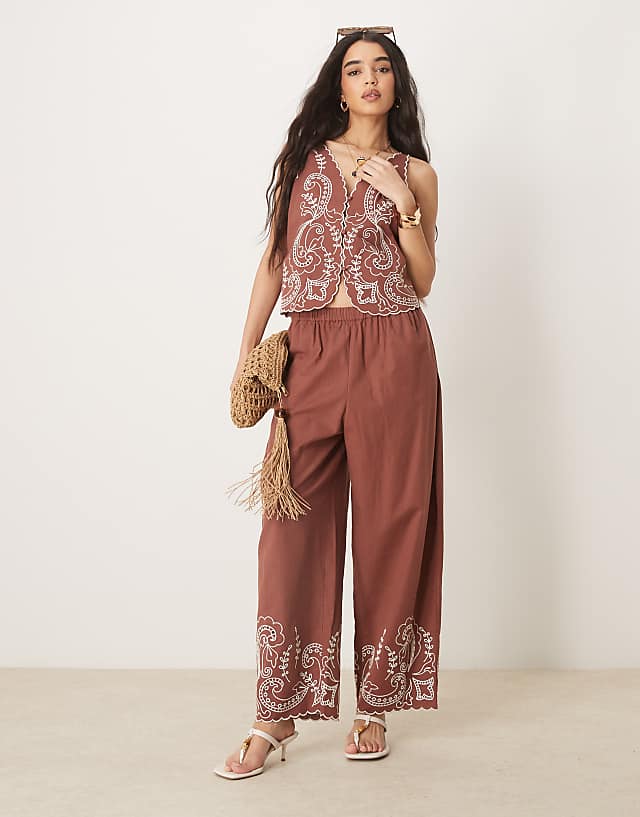 asos ASOS DESIGN linen blend scallop edge embroidered waistcoat and trousers co-ord in brown