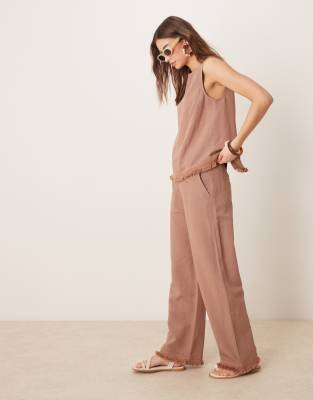 Asos ASOS DESIGN Linen Blend Shell Top With Tassel Hem And Trousers Co-ord In Mocha