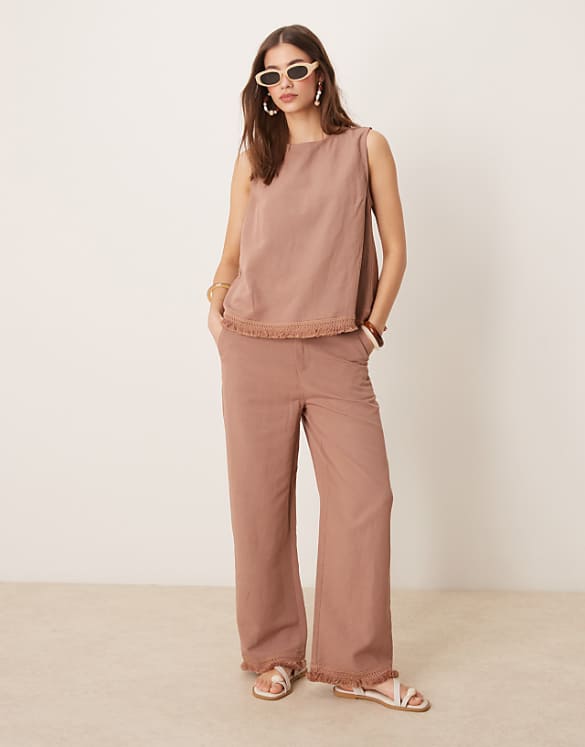asos ASOS DESIGN linen blend shell top with tassel hem and trousers co-ord in mocha